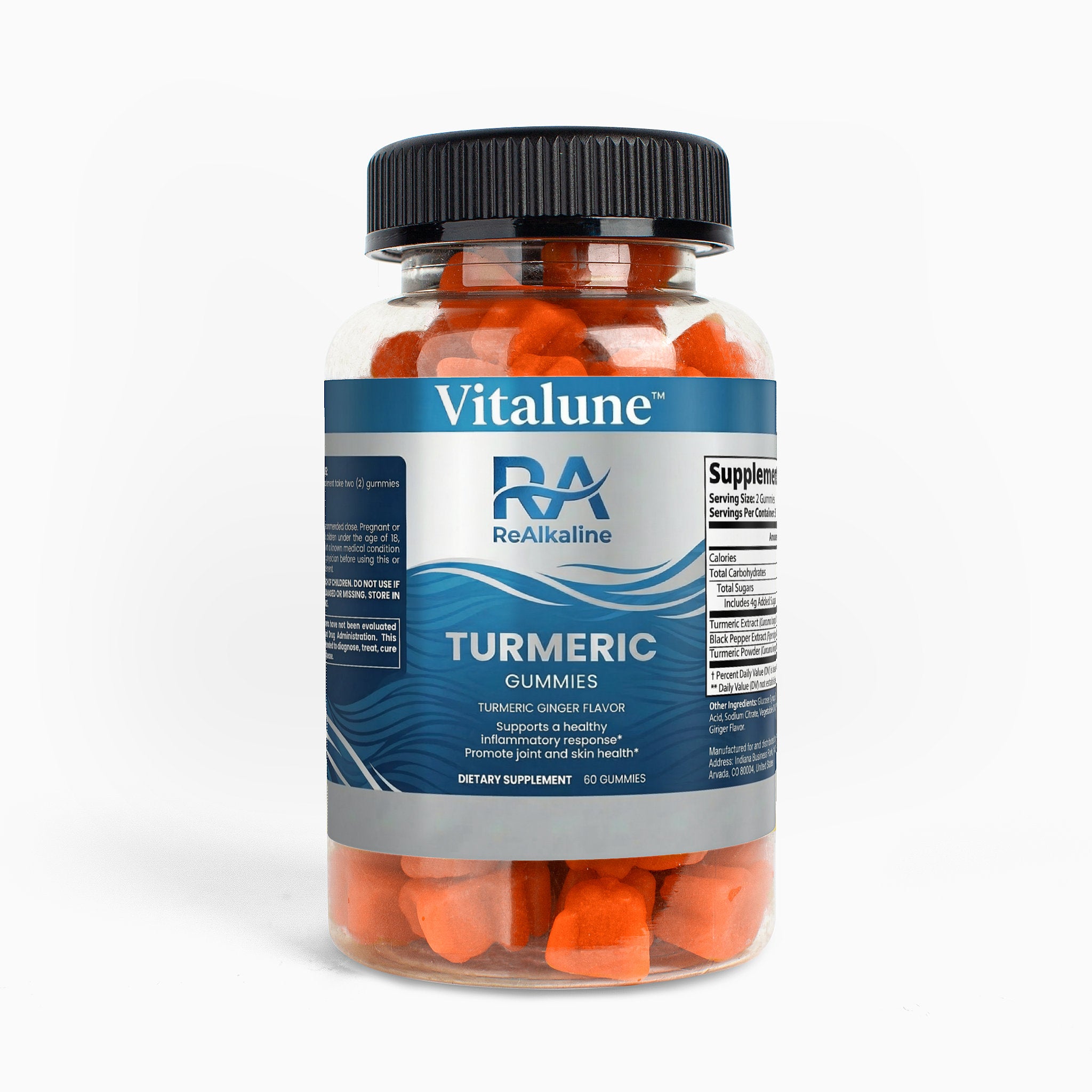 Bottle of Vitalune RA ReAlkaline Turmeric Gummies on a white background
