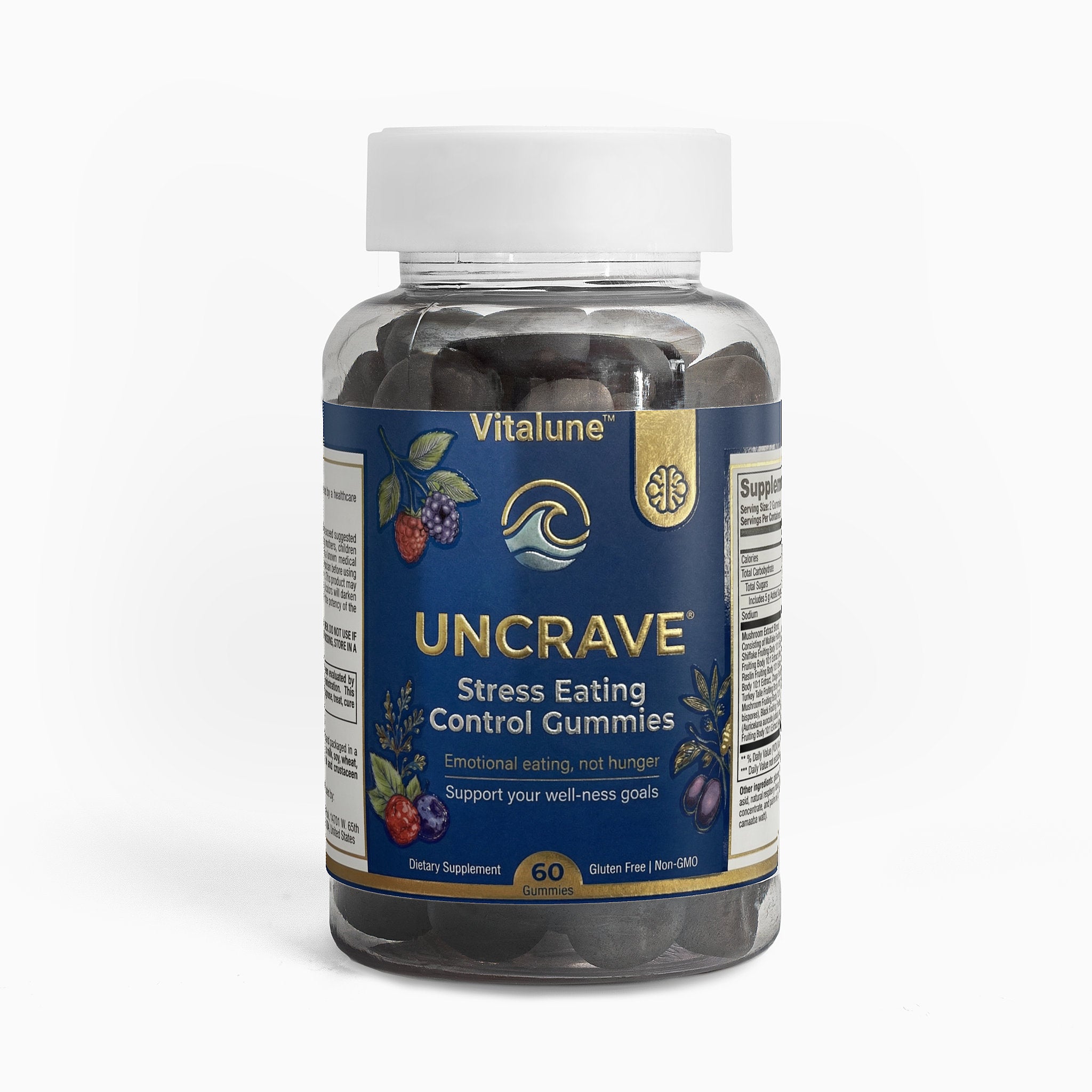 Bottle of Vitalune Uncrave Stress Eating Control Gummies on a white background