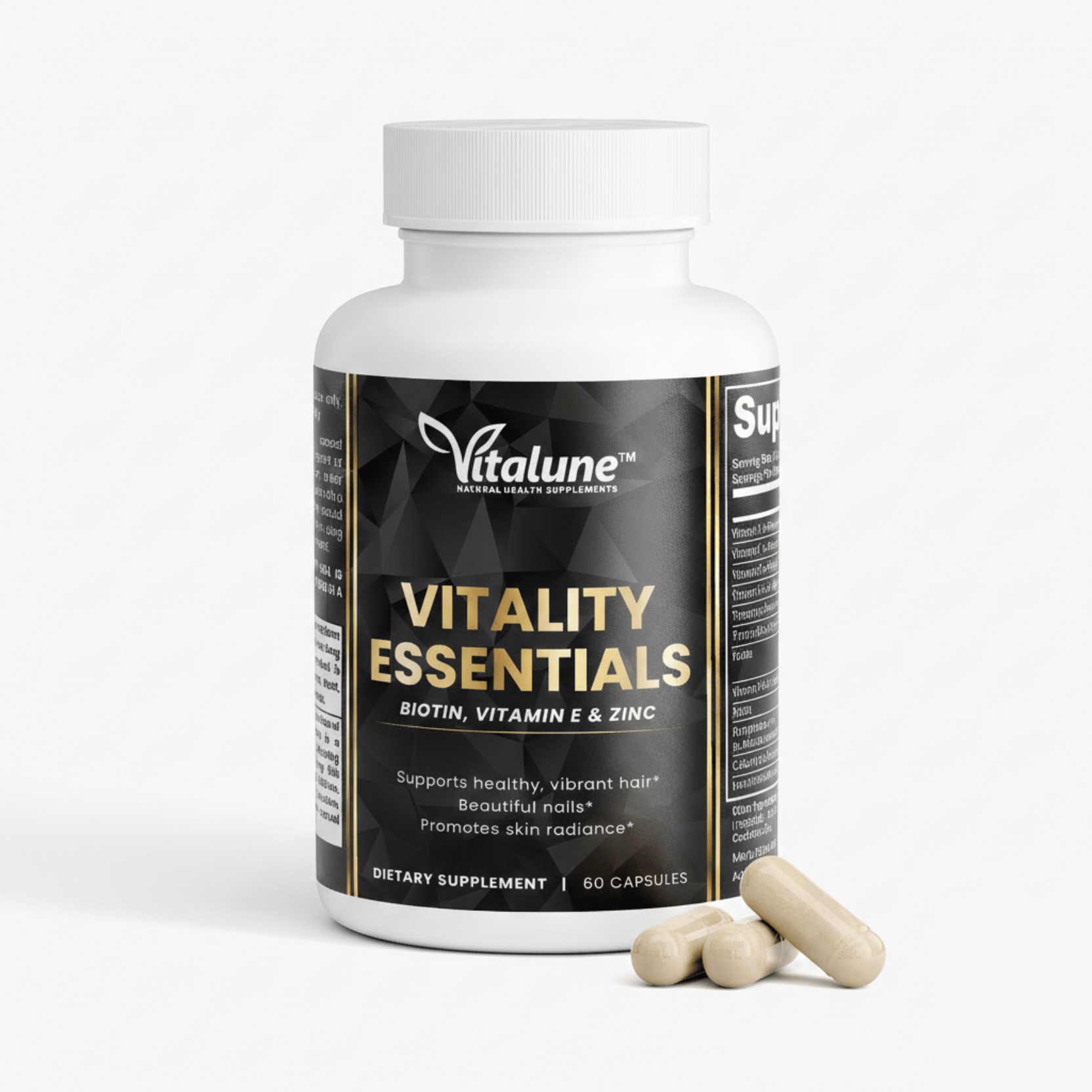 Vitalune Vitality Essentials supplement bottle with capsules on a white background