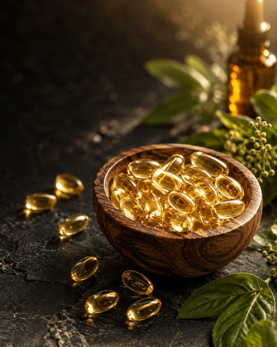 A wooden bowl filled with golden-yellow softgel capsules, with several capsules scattered around on a dark textured surface. Green leaves and a small amber bottle are visible in the softly lit background.
