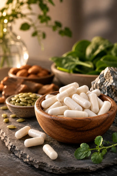 White supplement capsules piled in a wooden bowl, surrounded by natural ingredients including spinach, almonds, pumpkin seeds, and mint on a stone surface.